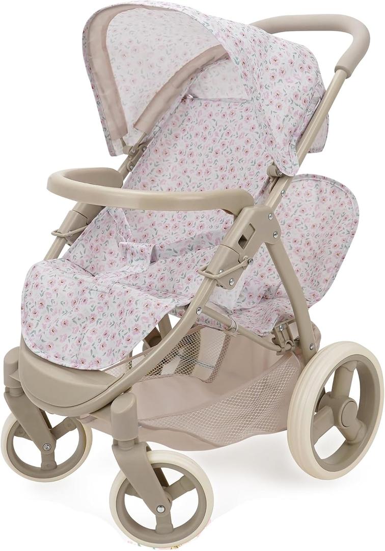 509 Crew: Little Flora - Mabelle Duo Twin Doll Stroller - Flower-Tan-Pink, Storage Basket, Retractable Canopy, Folding, Pretend Play Toy, Kids 3+, 21.26x13.58x5.51 in