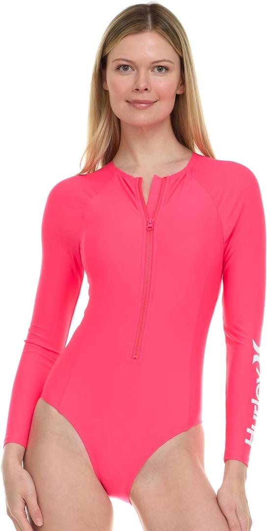 Hurley Long Sleeve Womens One Piece Swimsuits, Swimsuit for Women, Bathing Suit for Women, Swim Suit UPF 50+ SPF UV Protected (Medium, Melon)