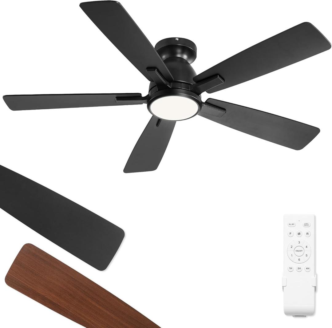 46 Inch Ceiling Fans with Lights and Remote,Modern Indoor Low Profile Ceiling Fan with 3CCT 6-Speeds Quiet DC Motor,Outdoor Flush Mount Ceiling Fan For Bedroom Living Room(Black)