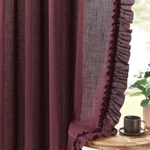 Burgundy Ruffle Linen Curtains 72 Inch Length, 2 Panels, W58 x L72 In, Linen Textured Boho Farmhouse Ruffled Curtains for Living Room Rod Pocket Privacy Light Filtering Semi-Sheer Autumn Flowy Curtain