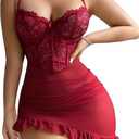 Vicarly Sexy Corset Bodycon Ruffle Floral Lace Sheer Mesh Underwire Babydoll Lingerie Dress Set 2 Piece with Thong Women See Through Ruched Chemise Negligee Wine Red X-Large
