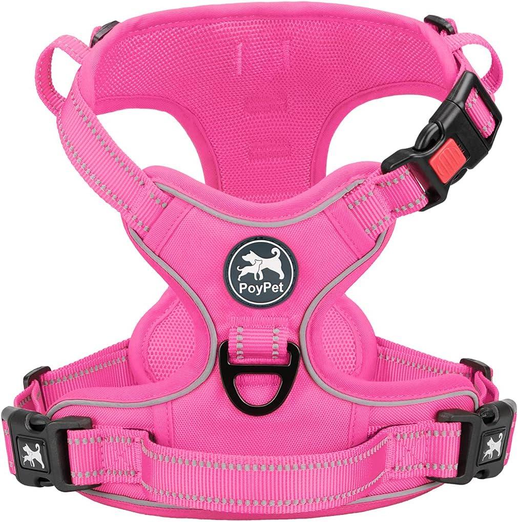 PoyPet No Pull Dog Harness, No Choke Reflective Dog Vest, Adjustable Pet Harnesses with Easy Control Padded Handle for  Medium  Dogs(Pink Matching Trim,M)
