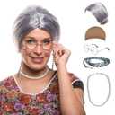 Gray Bun Grandma Wig,Old Lady Costume Set,Granny Costume Wig with Wig Cap,Glasses, Glasses Chain and Pearl Necklace, 5 Piece Set