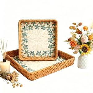 1 pcs Rectangle Rattan Serving Tray with Mother of Pearl Inlay, Decorative Wicker Tray for Coffee, Bread, Fruits, Elegant Table Decor for Living Room & Dining Room 10.6"L x 10.6"W