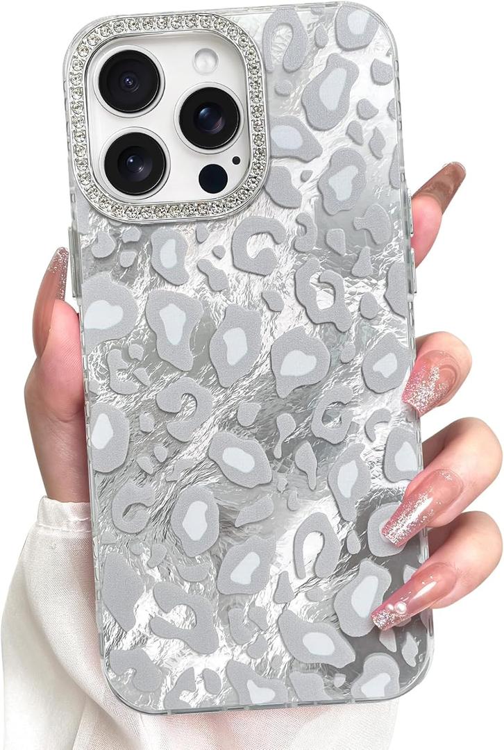 KANGHAR Case for iPhone 13 Pro Max Leopard Printed Pattern Cute Cheetah Phone Case Clear Bumper Hard Back Shockproof Protective Diamond Glittter Camera Lens Cover for iPhone 13 Pro Max White