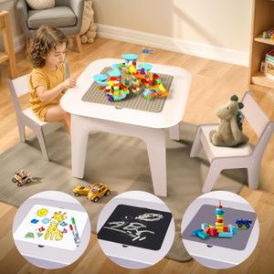 Joyooss Wooden 4 in 1 Toddler Table and Chair Set Kids Construction Train Table Toddler Tables and 2 Chairs Set with Storage Drawers,Kids Lego Table Compatible with Storage and Duplo Bricks
