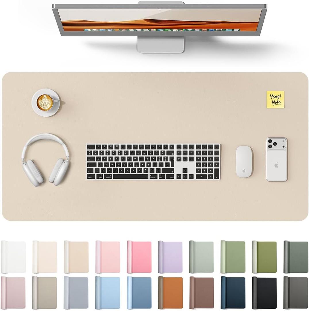 YSAGi Leather Desk Protector, Office Mat, Large Mouse Mat, Non-Slip PU Leather Blotter, Laptop Desk, Waterproof Writing Pad for Office and Home (Eggshell, 35.4" x 17")