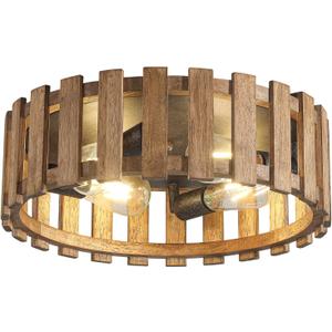 Farmhouse Flush Mount Ceiling Light, 17 Inch 4-Light Wood Close to Ceiling Light Fixture, Retro Hallway Light Fixtures Ceiling, Rustic Drum Ceiling Light for Kitchen Entry Living Room (Brown)