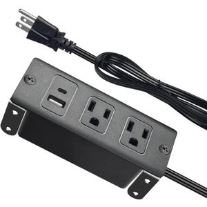 Recessed Power Strip with USB-C, Built-in Outlet Socket, Flat Plug Extension Cord, Dual Installation with Steel Brackets for Desk, Kitchen Island, Cabinet, Workbench (2AC USB-C)