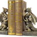 Dragon Statue Decorative Bookends for Shelves, Antique Gold Dragon Statue Home Office Decoration, Fantasy Dragon Figurine Enthusiasts Gifts