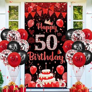 Red 50th Birthday Party Decorations for Women Men Red Black Balloons Banner Supplies Happy 50th Birthday Door Cover Banner and 18pcs Latex Balloons Set for 50 Years Old Anniversary Party Decor