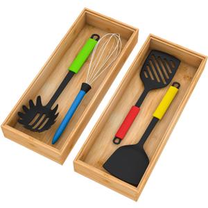 Drawer Organizer Storage Box Kitchen - Wood Stackable Tray Utensil Organizer for Office Drawers, Cabinets, Shelves, Pantry, or Bathroom Counter, Drawer Dividers for Silverware Set of 2（15x6x2.5inch）