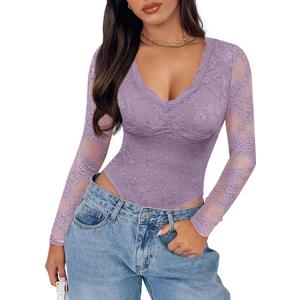 SAUNGKUAI Women's Lace Bodysuit Plunge Deep V-Neck Long Sleeve Thong Body Suits Tops Double Lined Y2K Outfits for Going Out (Small, Pinkpurple)