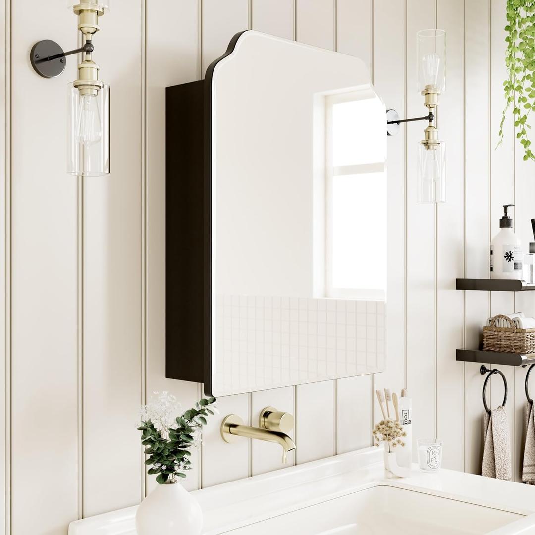 Victorian-Style Recessed Bathroom Medicine Cabinet, Wood Wall Cabinet with Curved Mirror, Bathroom Storage Cabinet, Black, 16.5x24 Inch (Right Swing-black) Victorian-Style Recessed Bathroom Medicine Cabinet, Wood Wall Cabinet with Curved Mirror, Bathroom Storage Cabinet, Black, 16.5x24 Inch (Right Swing-black)