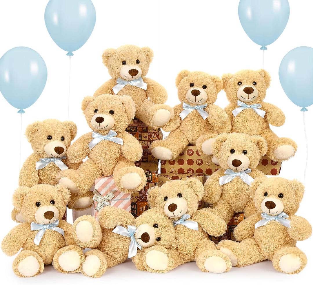 MorisMos Bulk Teddy Bear for Baby Shower, 10-Pack Teddy Bear Stuffed Animals Bulk, 14 in Teddy with Baby Blue Bow, Soft Stuffed Animal Wholesale for Birthday Christmas Valentine's, Brown