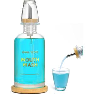 Mouthwash Dispenser for Bathroom 11.8oz – Clear Glass Mouthwash Bottle with Bamboo Tray, Silicone Base, Gold Hot-Stamped Lettering, Refillable Mouthwash Container for Bathroom (Clear)