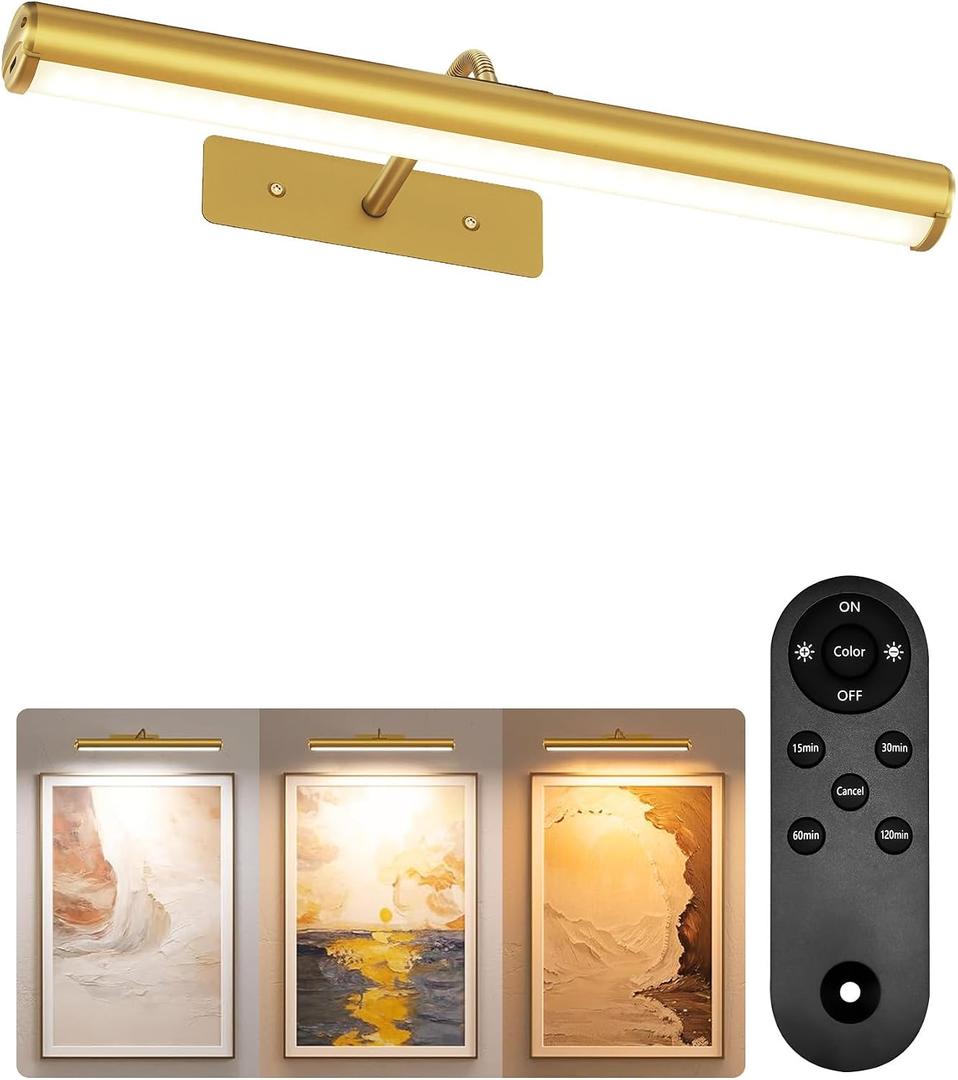 EZVALO Picture Lights for Wall, 6000mAh Rechargeable Battery 16 Painting Light with Remote, 3 Color Temps Wireless Art Light for Gallery, Living Room, Hallway (Gold)