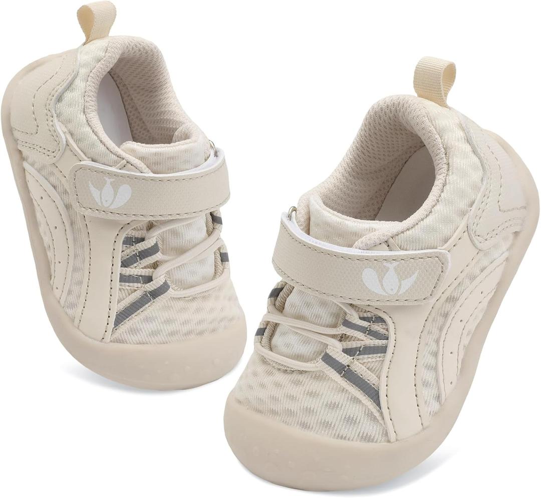 FEETCITY Wide Baby Shoes Boys Girls Baby Barefoot Shoes Breathable Infant Walking Shoe Crib Sock Shoe Toddler Sneakers Flexible (9-15 Months Infant, Beige)