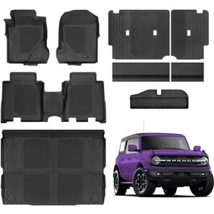 Floor Mats for Ford Bronco 4 Door 2025 2024-2021 Full Sets All Weather Floor Mat for Ford Bronco Accessories 2025 2024-2021 Rear Back Seat Cover Protector Trunk Frunk Cargo Liner Black