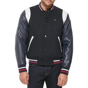 Tommy Hilfiger Mens Tommy Hilfiger Men's Mixed Media Varsity Bomber Jacket (Navy), Size Small