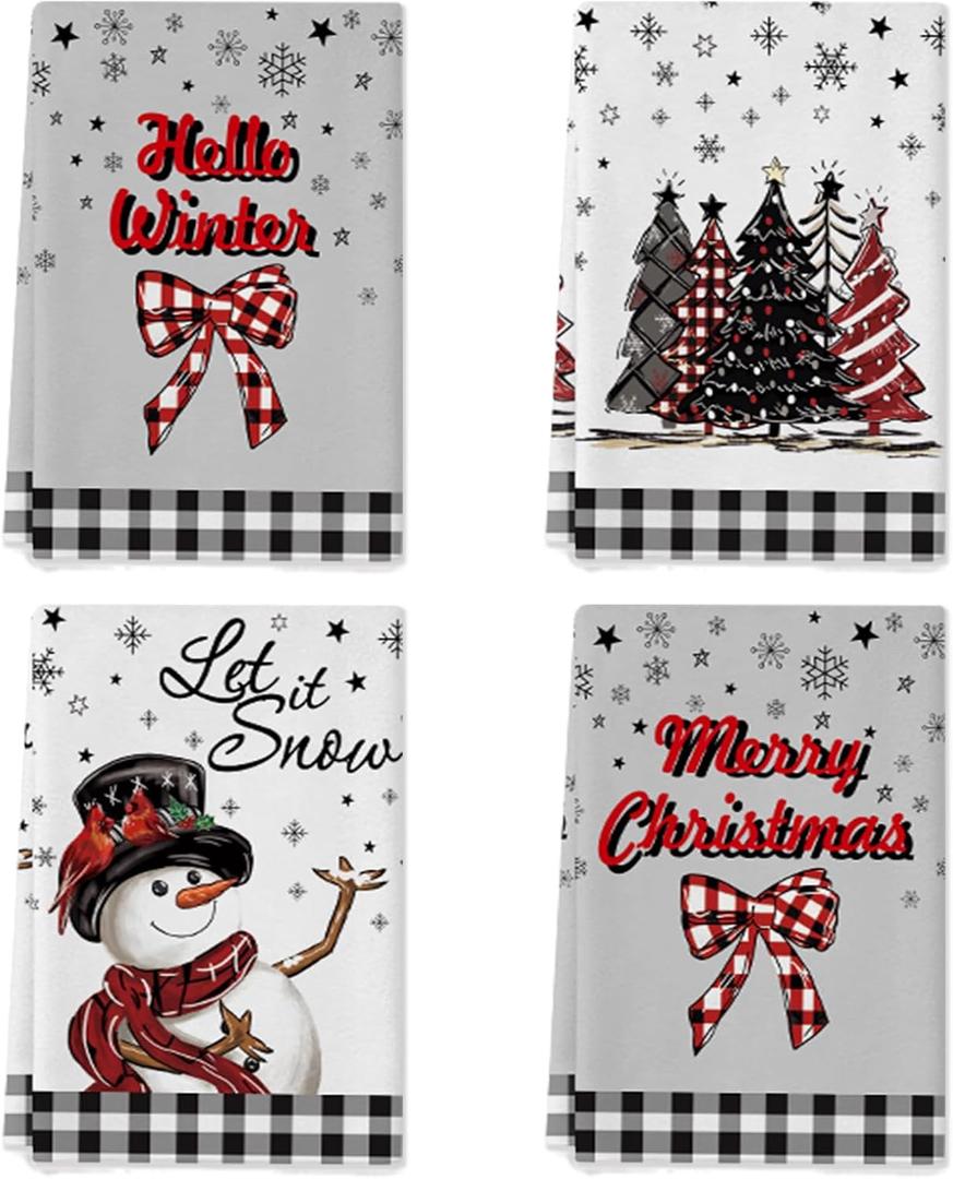 Christmas Kitchen Towels and Dishcloth Sets,18x26 Inch Xmas Snowman Trees Christmas Dish Towels for Kitchen,Buffalo Plaid Kitchen Towels Christmas Winter Holiday Decoration Hand Towels