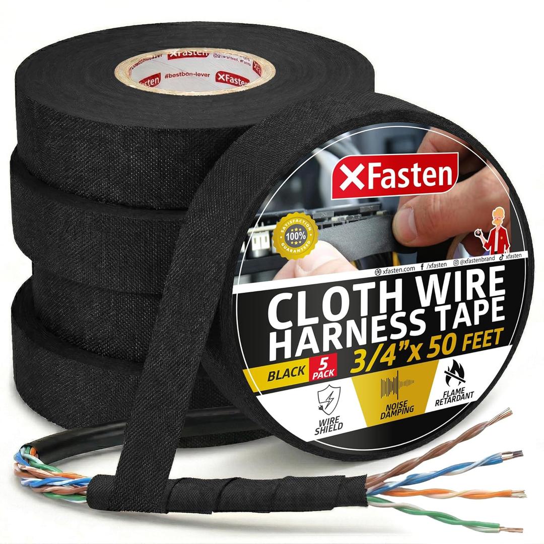 XFasten Wire Harness Tape, 3/4-Inch x 50-Foot (5-Pack), High Temp Wiring Loom Harness, Self-Adhesive Felt Cloth Electrical Tape for Automotive Engines, Noise Dampening, and Cable Protection