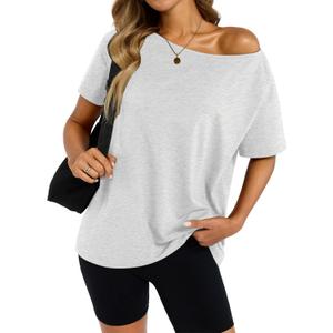 Womens Cotton Off The Shoulder Tops Oversized Short Sleeve T-Shirts Casual Summer Tees Trendy Clothes 2025 Light Grey, 2XL