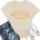 Pumpkin Shirts for Women Fall Season T-Shirt Halloween Thanksgiving Autumn Crewneck Tee (Beige, S)