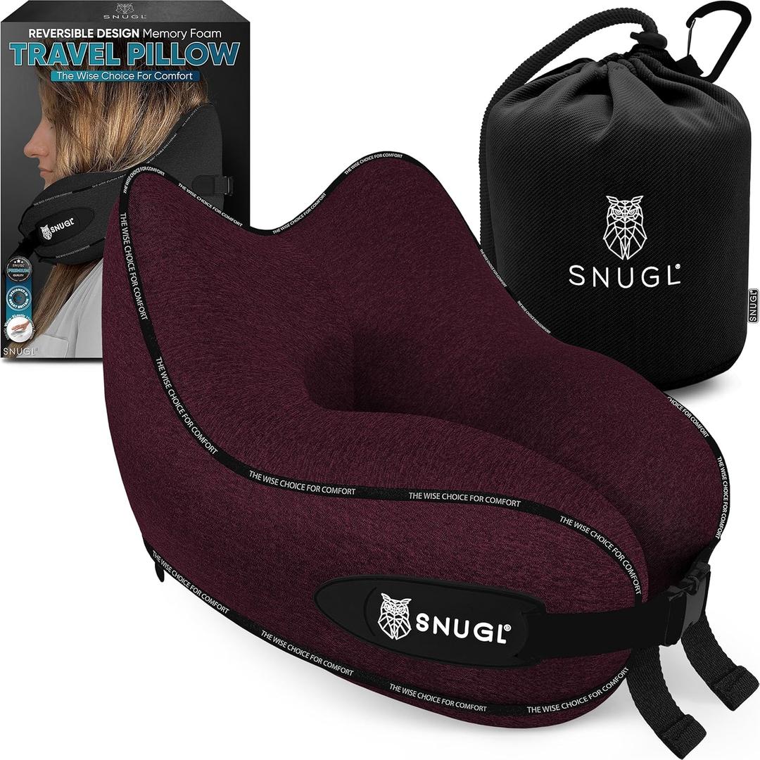 SNUGL Travel Pillow  Memory Foam Pillows - Neck Pillow for Airplane with Carry Bag & Clip  Neck Support Pillows for Pain Relief - Airplane Travel Essentials (Adult Regular - Dark Red)