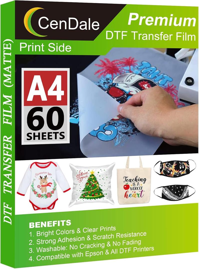 CenDale DTF Transfer Film - A4(8.3" x 11.7") 60 Sheets Double-Sided Matte DTF Film for Sublimation Hack on Cotton, Direct to Film Printing on Dark and Light T-shirts, Hot & Cold Peel DTF Paper