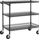 Finnhomy 3 Tier Heavy Duty Commercial Grade Utility Cart, Wire Rolling Cart with Handle Bar, Steel Service Cart with Wheels, Kitchen Carts on Wheels, Metal Cart Shelf Size 18" D x 36" W, NSF, Black