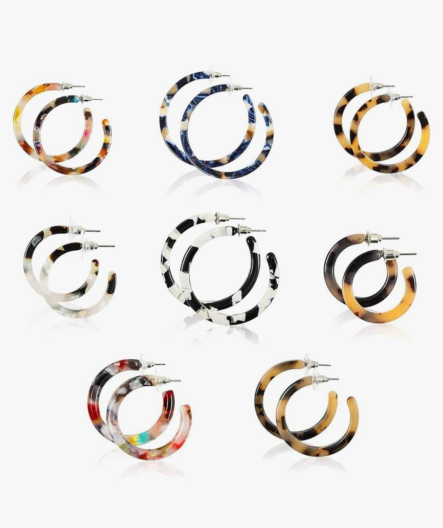 Zodaca Resin Tortoise Shell Hoop Earrings for Women (8 Pairs)