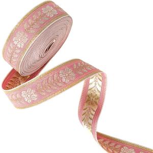 10 Yards Pink Floral Jacquard Ribbon Gold Embroidery Trim Tape Vintage Boho Flower Woven Embroidered Boho Applique Fabric Trimming for Sewing Making Crafts Clothes Dresses Wedding Supply