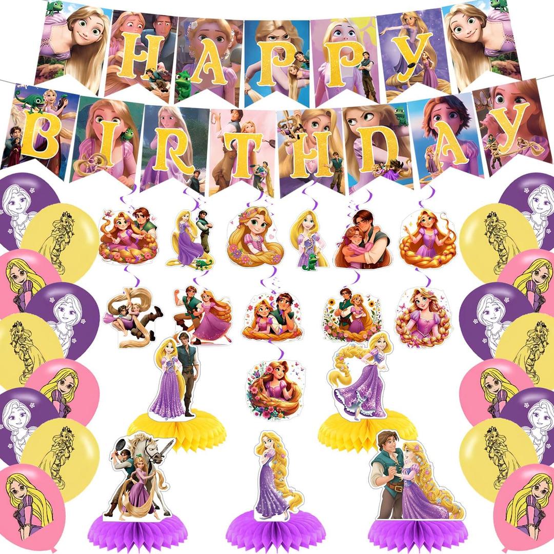 Long Hair Princess Birthday Party Decorations,Princess Party Supply Set for Kids with Happy Birthday Banner, Swirls,Centerpieces,18Balloons for Cartoon Girls Party Decorations