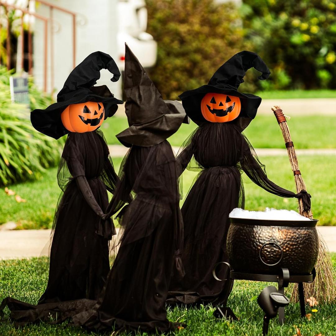 Halloween Decorations, Set of 3 Light Up Pumpkins Witches with StakesVoice Control Witch Glowing Head Waterproof for Outside Garden Statue Decoration Grass Lawn