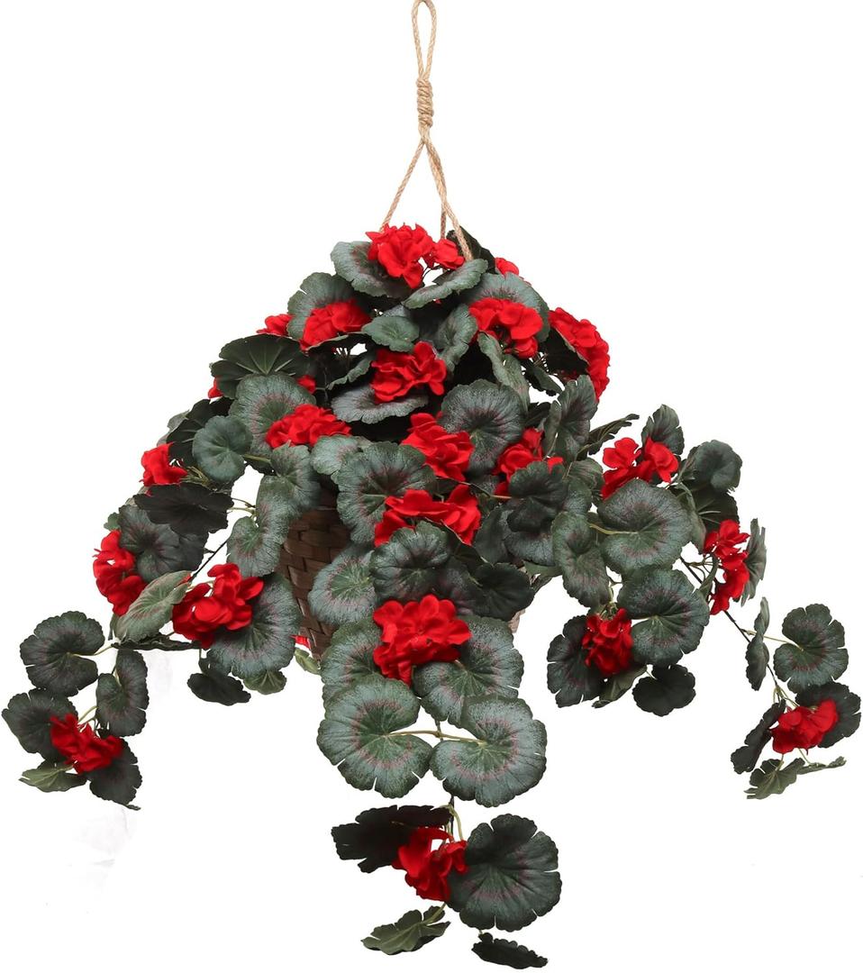 25" Hanging Geranium Basket  Red Artificial Flowers with Lush Greenery  UV Resistant Silk Floral Hanging Plant for Indoor & Outdoor Porch, Patio, Garden & Home Dcor