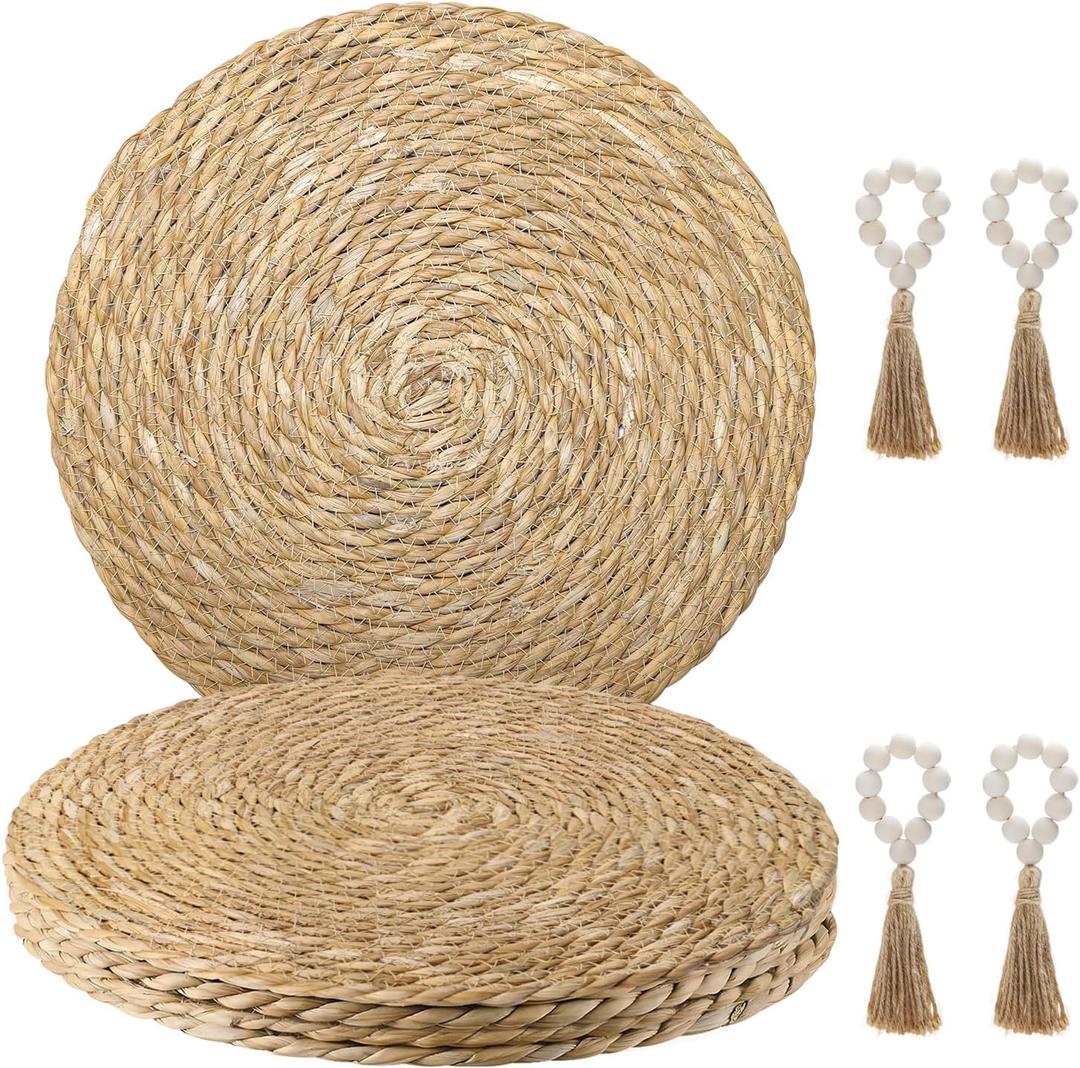 Woven Placemats Set of 4, 12" Natural Water Hyacinth Round Rattan Placemats with Wooden Beads Napkin Rings for Kitchen Dining Table Decor