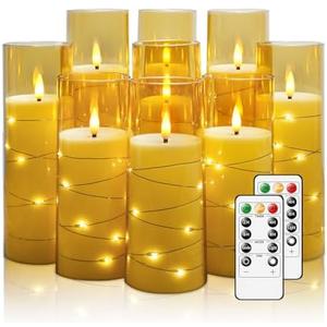 Nimiko Flickering Flameless LED Candles,Battery Operated Candles 9 Pcs with Embedded Star String,Acrylic LED Pillar Candles with Remote,Suitable for Home Decoration to Create an Atmosphere（Gold）