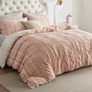 Bedsure Waffle Queen Size Comforter Set - Pink Soft Cotton Bedding Set Queen for All Seasons, Stripe Fluffy Bed Set 3 Pieces with 1 Waffle Weave Comforter King Size and 2 Pillow Shams
