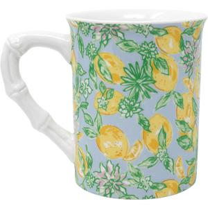 Lilly Pulitzer Cute Coffee Mug with Lemon Pattern, Ceramic Tea Cup with Bamboo Handle, Make Lemonade