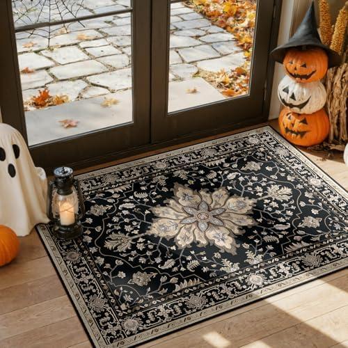 RELEANY Area Rugs 3'x5' Washable Non-Slip, Floral Vintage Distress Print Pattern Medallion Carpet for Living Room Bedroom Dining Room, Black Brown Neutral Dark Tan