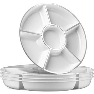 Plasticpro 6 Sectional Round Plastic Serving Tray/Platters White & Silver Pack of 2