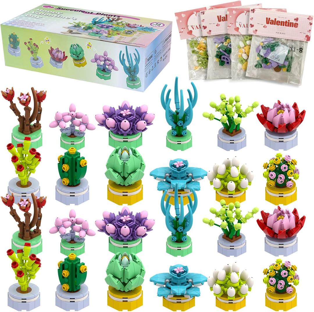 24 Pack Valentine's Day Building Block Gifts for Kids Valentines Succulent Building Blocks Set with Card Classroom Exchange Prize Party Favor Blocks for Boys and Girls