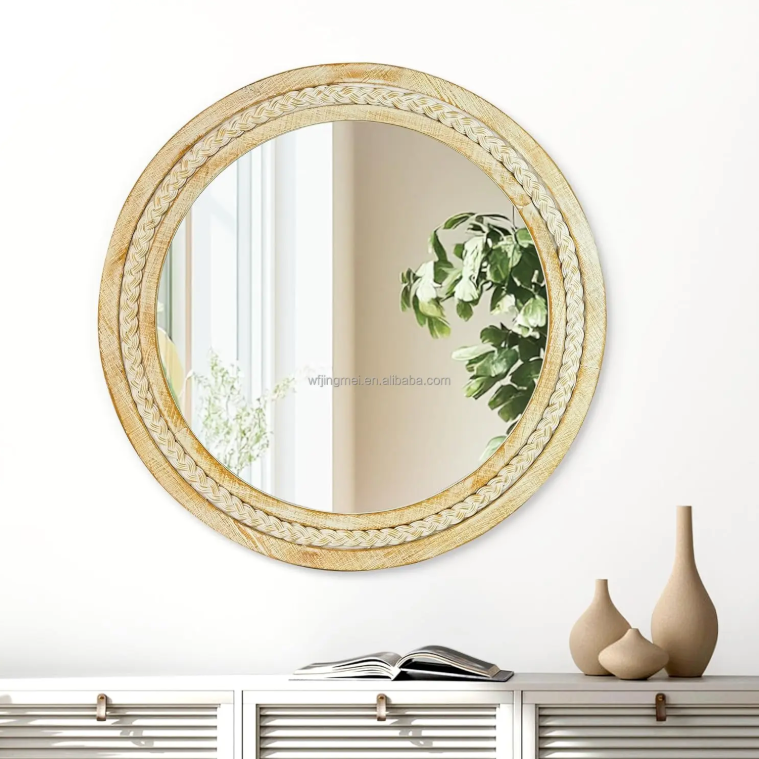 Rattan Mirror,Round Boho Bathroom Mirror for Wall,24" Circle Wicker Vanity Mirror for Nursery Décor