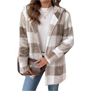 SOLY HUX Women's Plaid Fuzzy Fleece Hoodie Jacket Open Front Long Sleeve Cardigan Warm Casual Outerwear Coat (Large)