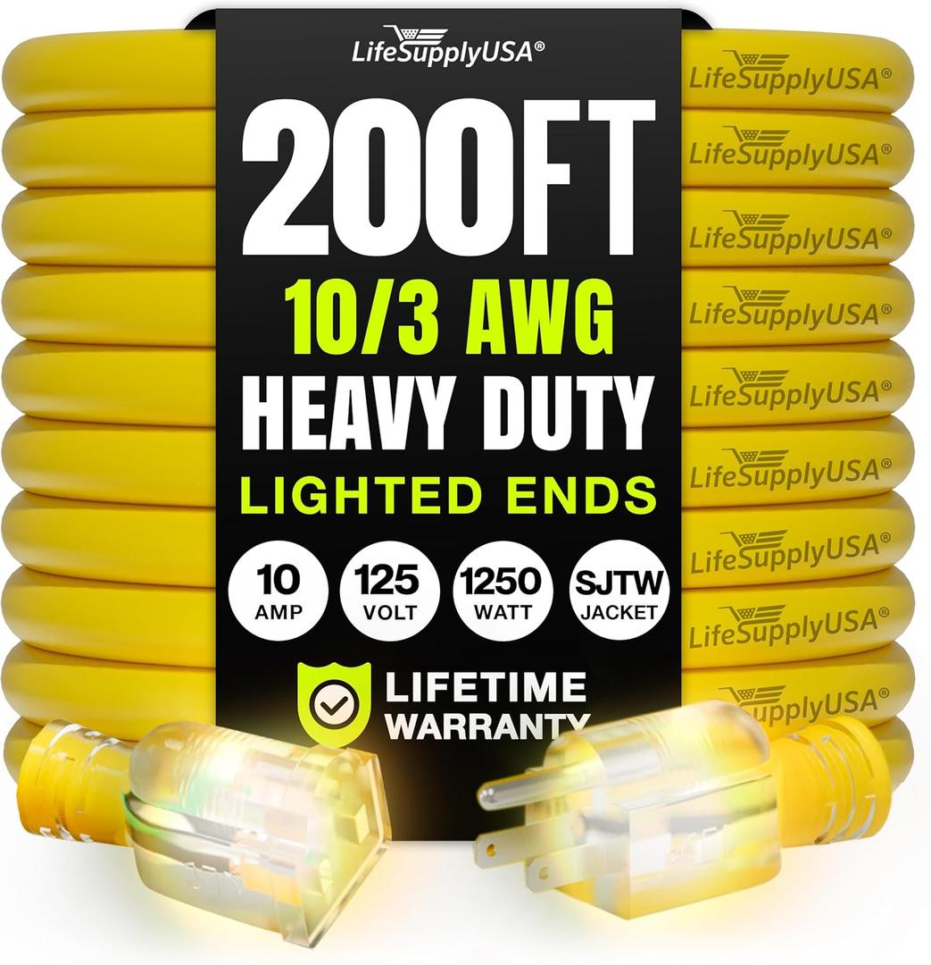 200ft Outdoor/Indoor Extension Cord 10/3 Gauge Ultra Heavy Duty 3 Prong SJTW, Waterproof, Flexible Cold-Resistant Long Power Cord,10A 125V 1250W, Yellow by LifeSupplyUSA