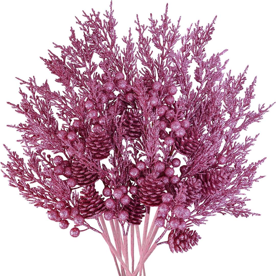 Winlyn 12 Pcs Christmas Artificial Pine Branches Pink Glittered Pine Needles with Pinecone and Berries Christmas Floral Picks 14.2" for Pink Christmas Tree Seasonal Wreath Swag Garland Wedding Bouquet