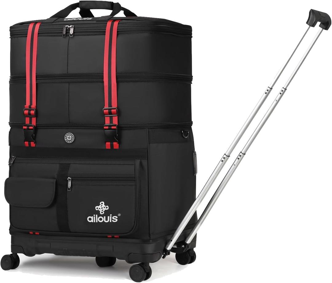 Expandable Foldable Luggage Bag with Telescoping Handle Collapsible Suitcase with Removable Wheels Rolling Travel Duffel Bag for Men Women (Medium, BLACK)