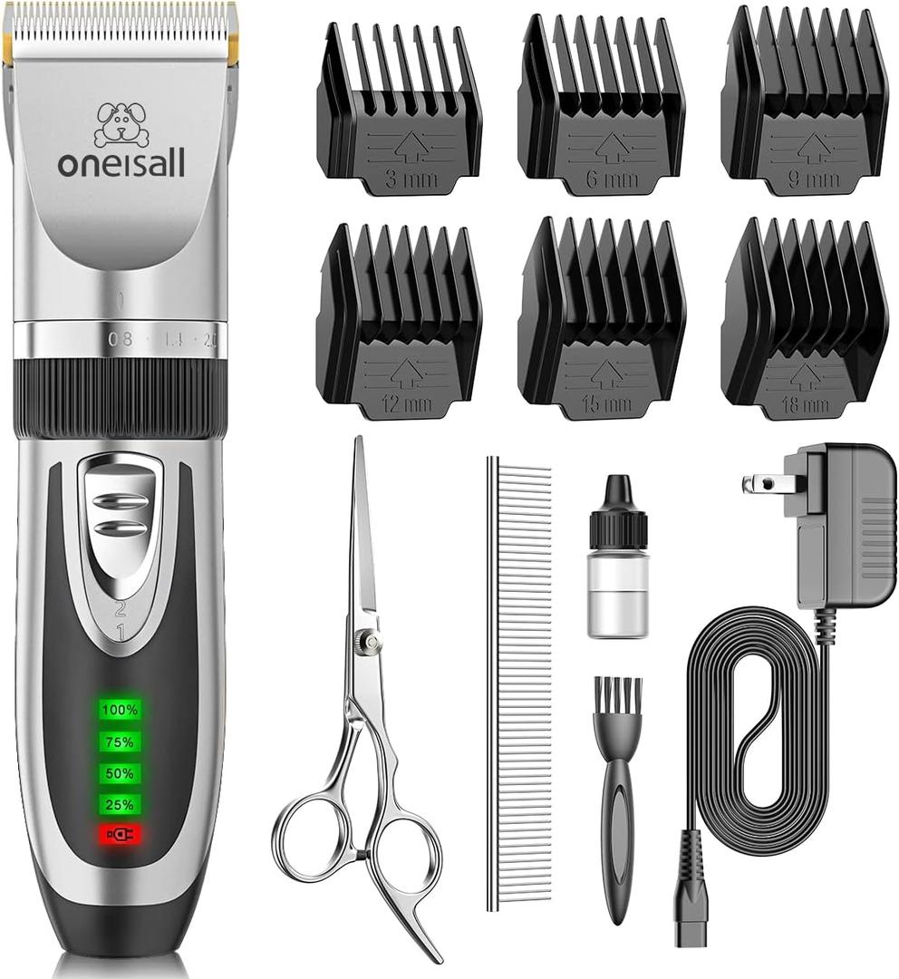 oneisall Low Noise 2-Speed Quiet Dog Grooming Kit - Rechargeable Cordless Pet Hair Clipper Trimmer Shaver for Small and Large Dogs, Cats and Animals (Silver)