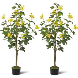 2-Pack 4FT Artificial Jasmine Tree,Realistic Potted Fake Plants with Flowers&Planter,Indoor/Outdoor Faux Flowering Trees for Home,Office,Porch,Wedding,and Housewarming Gift Decor (Yellow)